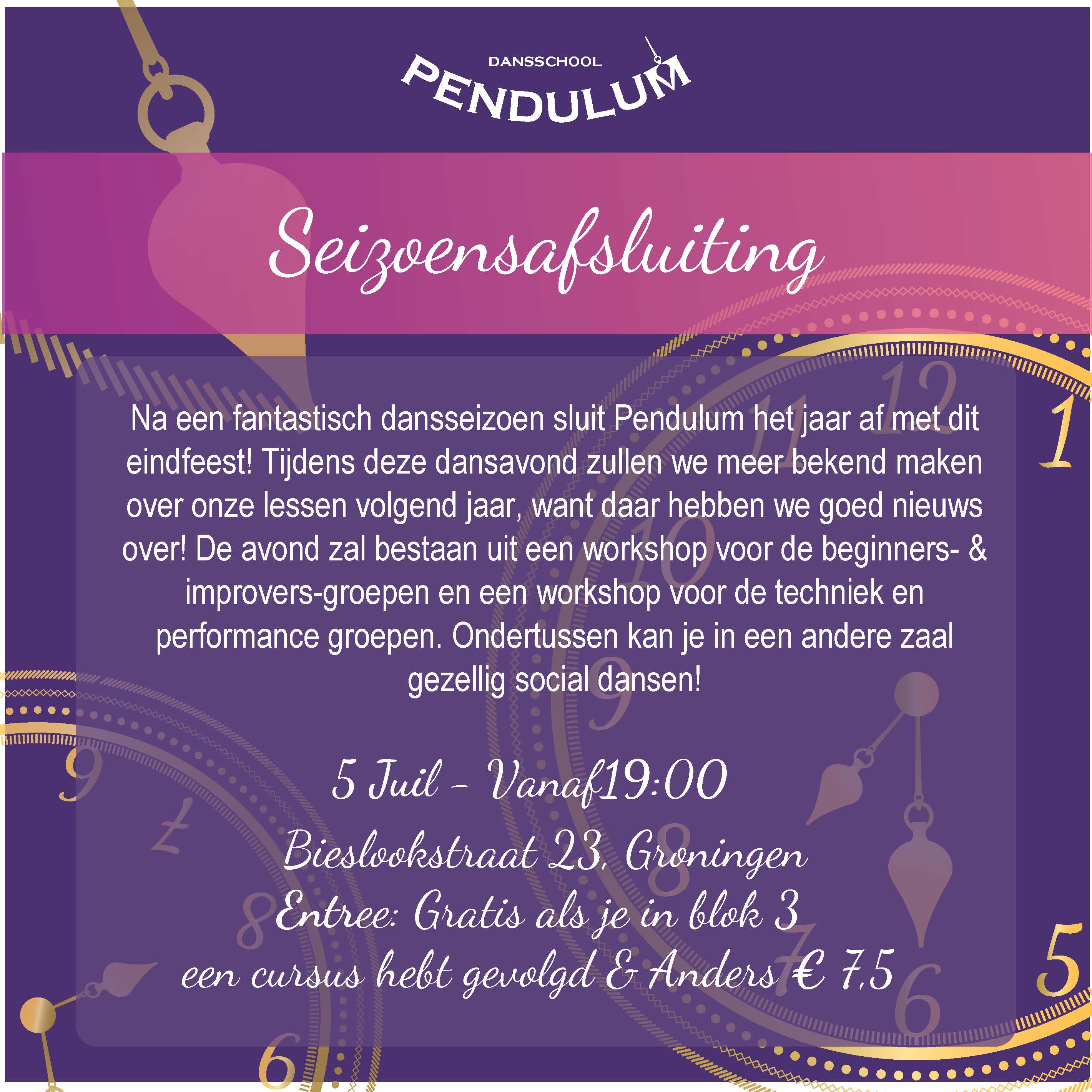 Pendulum poster - Seizoensafsluiting  05 jul. 2024 19:00 - 23:00